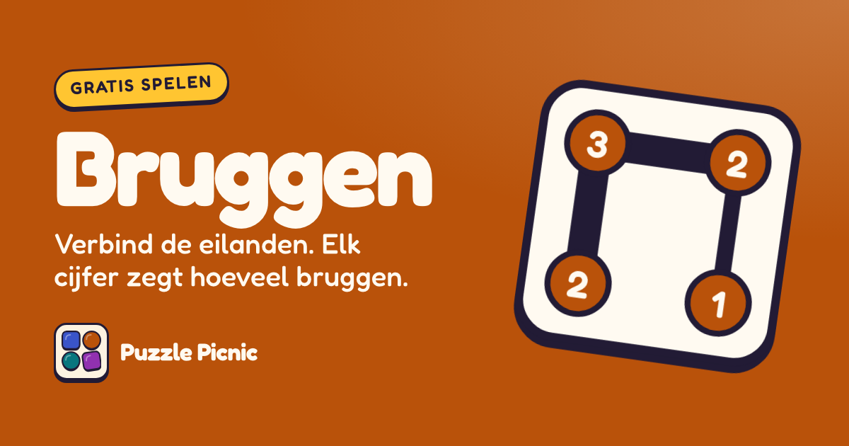 Bruggen: Verbind de eilanden met rechte bruggen. Het cijfer op een eiland zegt hoeveel bruggen eraan vastzitten.