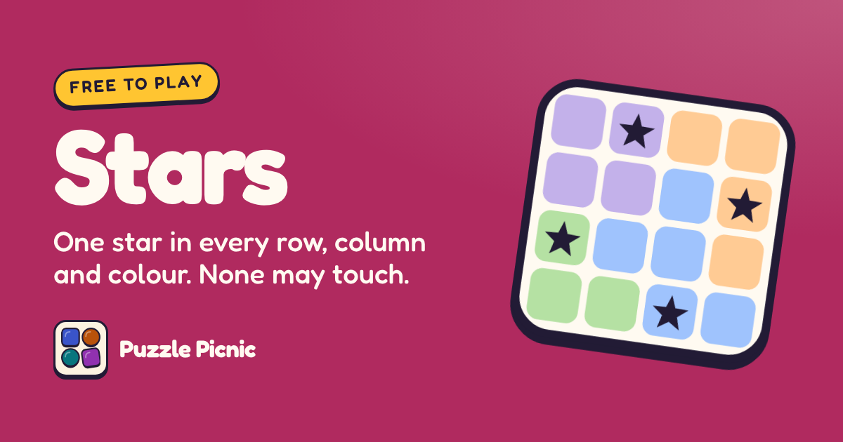 Stars: Place one star in every row, every column and every coloured region.