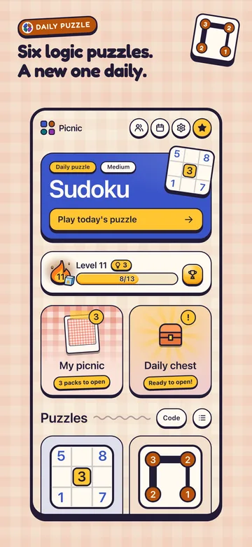 The home screen with the six puzzles and the daily puzzle